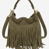 An olive green suede hobo handbag with a long fringe detail across the front, a top handle, and a detachable shoulder strap, shown against a plain light gray background.