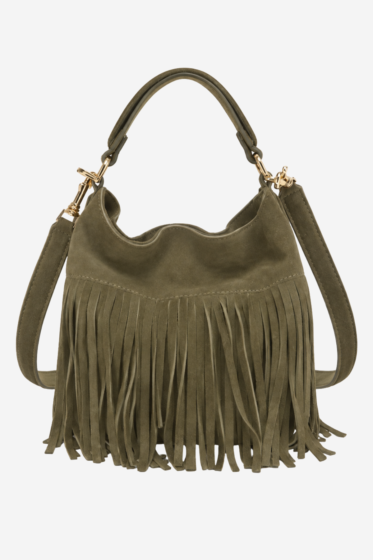 An olive green suede hobo handbag with a long fringe detail across the front, a top handle, and a detachable shoulder strap, shown against a plain light gray background.