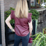 Wine Flutter Sleeve Leather Top