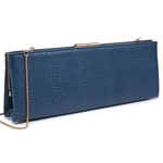 A blue textured leather clutch bag with a gold-tone metal frame and a thin gold chain strap, shown on a plain white background.