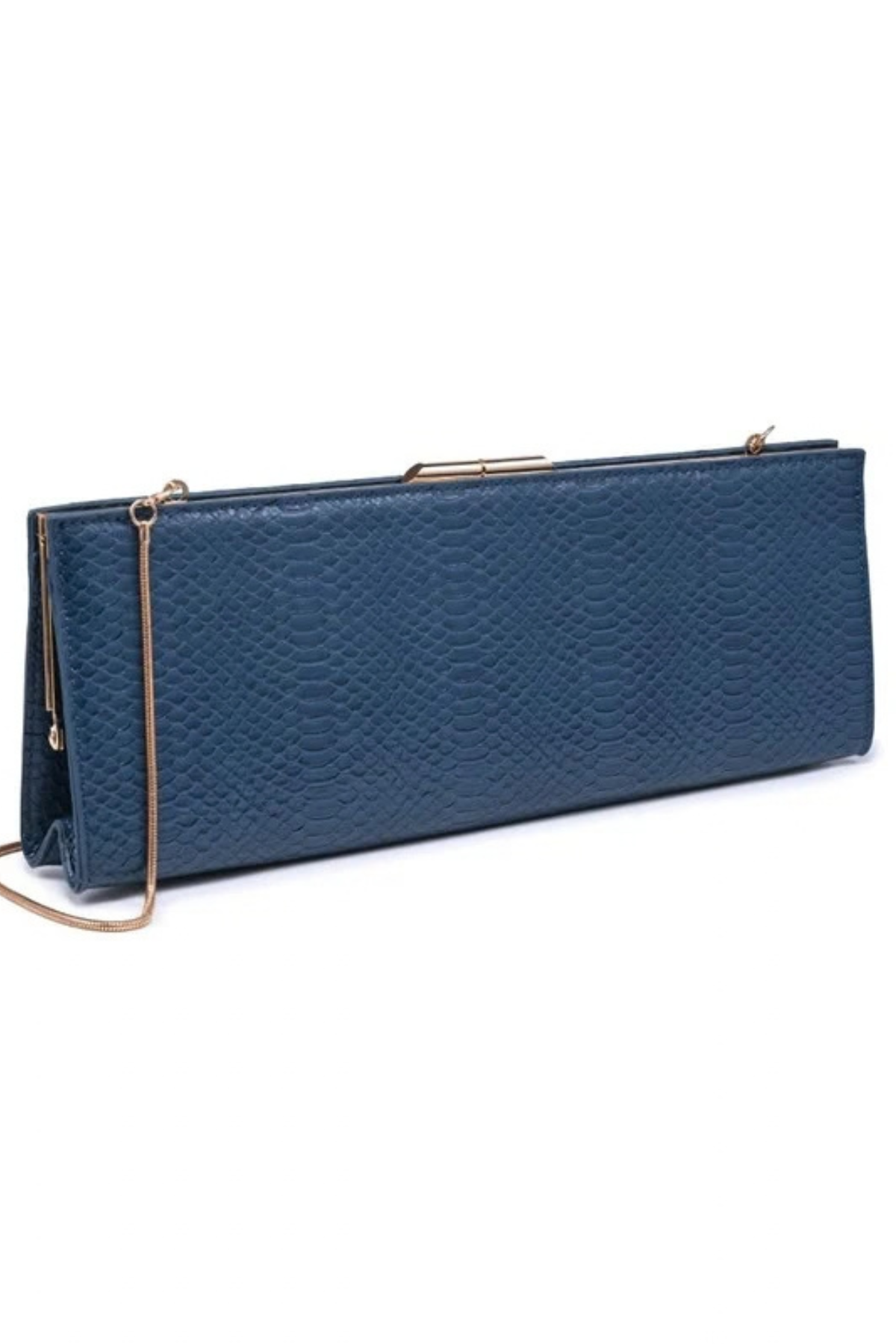 A blue textured leather clutch bag with a gold-tone metal frame and a thin gold chain strap, shown on a plain white background.