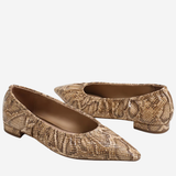 A pair of pointed-toe flats with a textured snakeskin pattern in shades of beige and brown, shown against a plain light gray background.