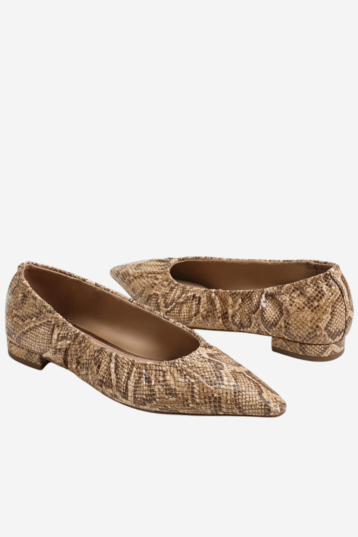 A pair of pointed-toe flats with a textured snakeskin pattern in shades of beige and brown, shown against a plain light gray background.