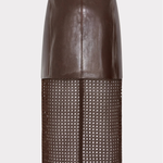 A dark brown faux-leather and mesh skirt with a matching belt, shown on a model wearing brown knee-high boots against a light gray background.