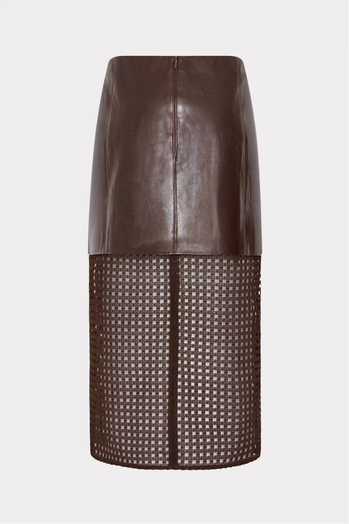 A dark brown faux-leather and mesh skirt with a matching belt, shown on a model wearing brown knee-high boots against a light gray background.