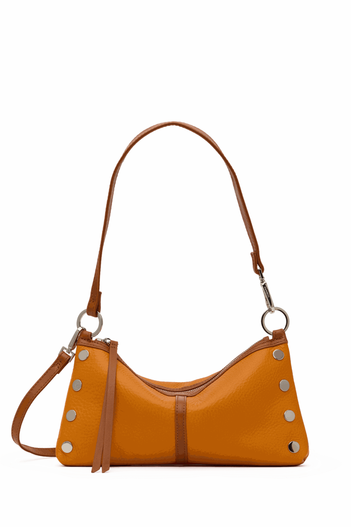 Brown leather handbag with studs on a white background