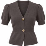 A dark brown short-sleeve knit cardigan featuring puff sleeves, a V-neckline, and decorative gold-tone buttons on the front.