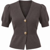 A dark brown short-sleeve knit cardigan featuring puff sleeves, a V-neckline, and decorative gold-tone buttons on the front.