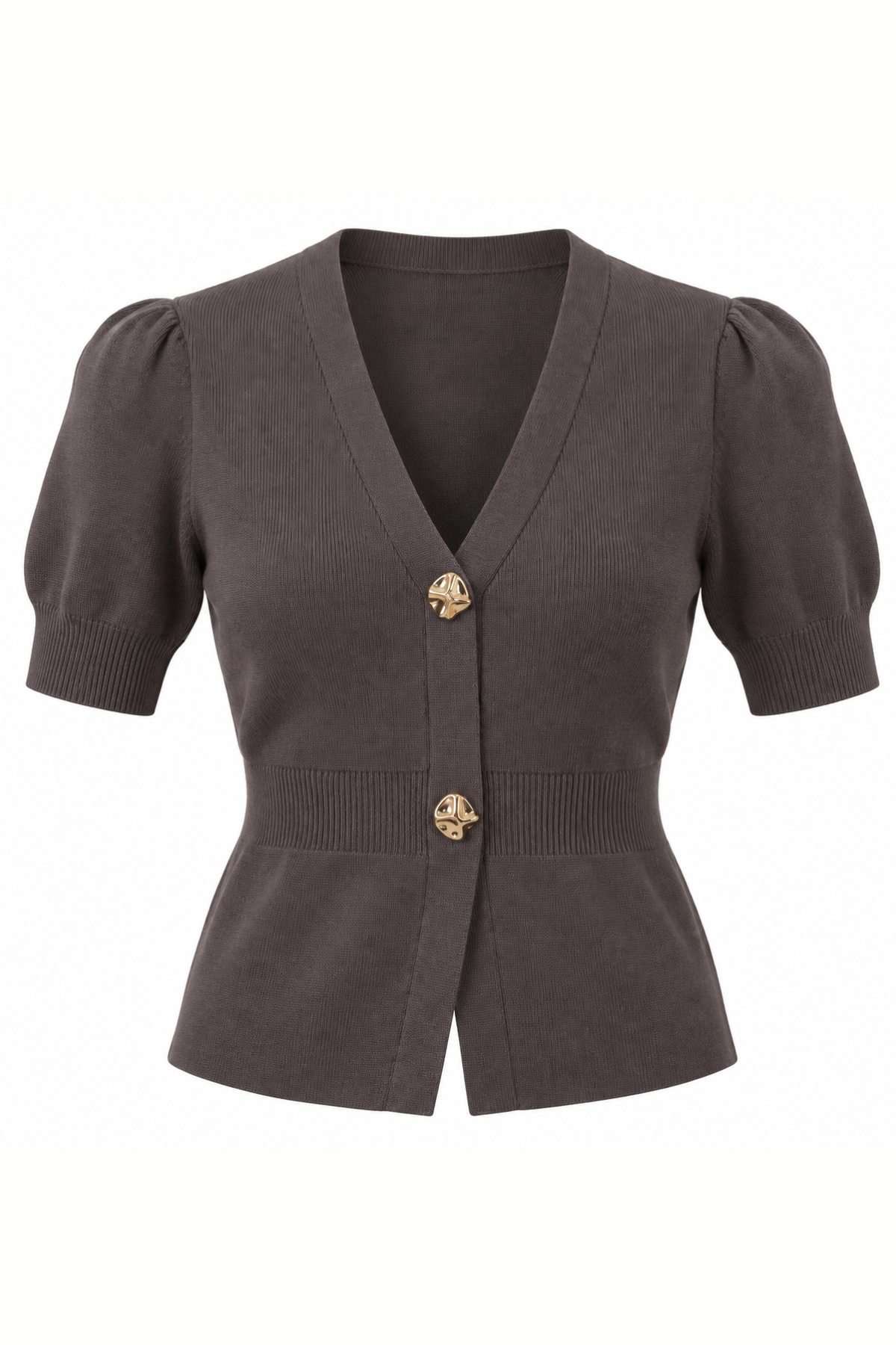 A dark brown short-sleeve knit cardigan featuring puff sleeves, a V-neckline, and decorative gold-tone buttons on the front.