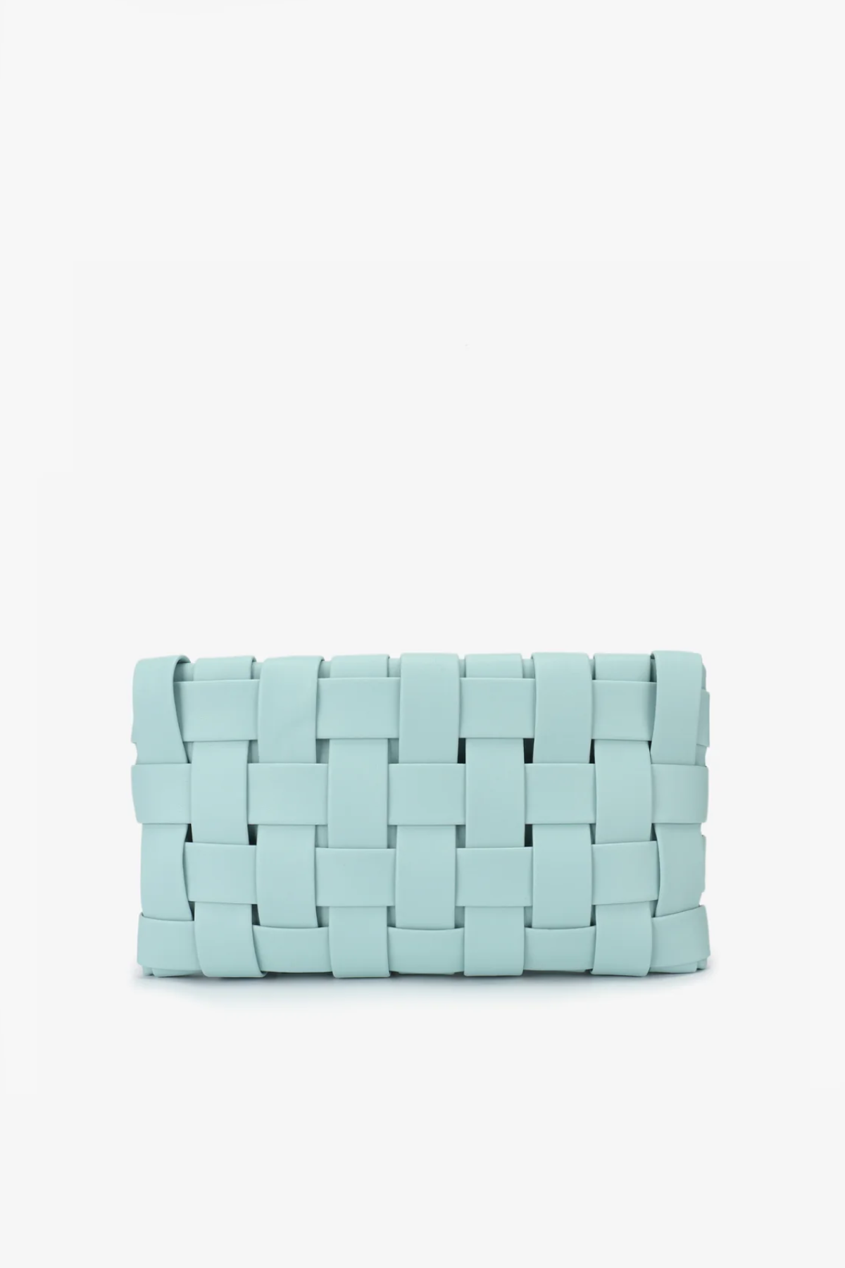 blue woven clutch on white background 