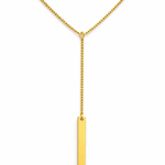 Gold necklace with a vertical bar pendant on a white background
