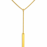 Gold necklace with a vertical bar pendant on a white background