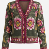 A long-sleeve cardigan featuring a dark olive green base with a vibrant pink, yellow, and white floral pattern, accented by deep magenta trim along the V-neck, front buttons, and cuffs.