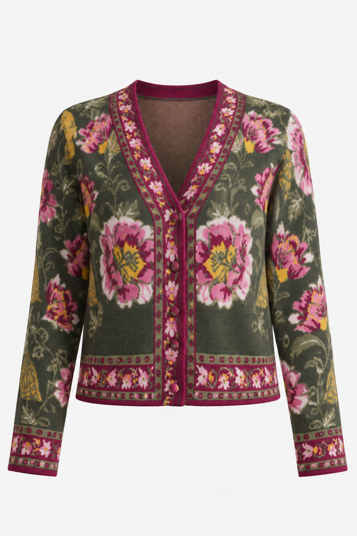 A long-sleeve cardigan featuring a dark olive green base with a vibrant pink, yellow, and white floral pattern, accented by deep magenta trim along the V-neck, front buttons, and cuffs.