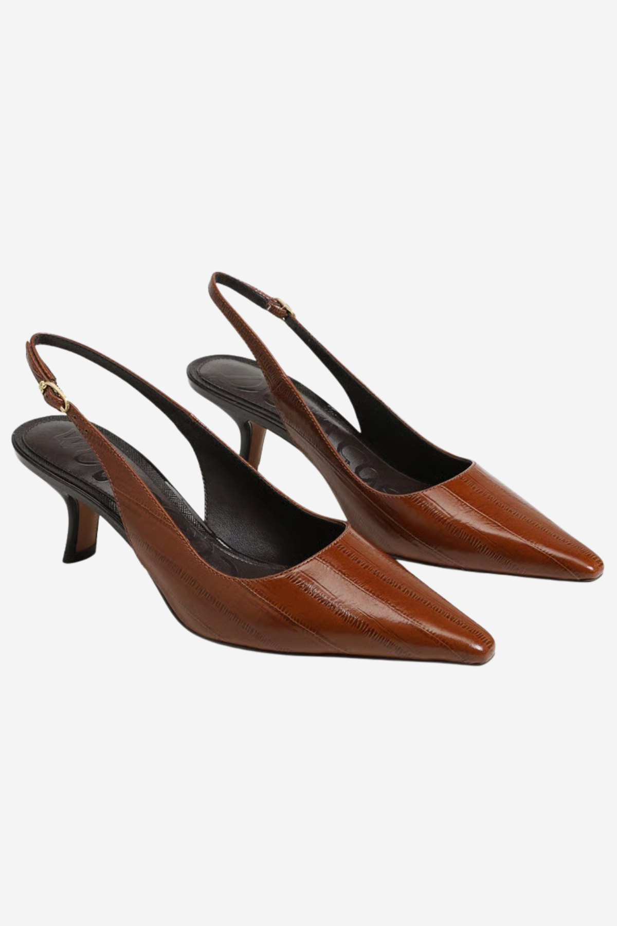 A pair of brown pointed-toe slingback pumps with a textured finish and low kitten heels, shown on a light gray background.