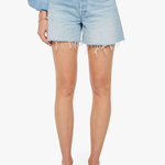 Person wearing light blue denim shorts on a white background