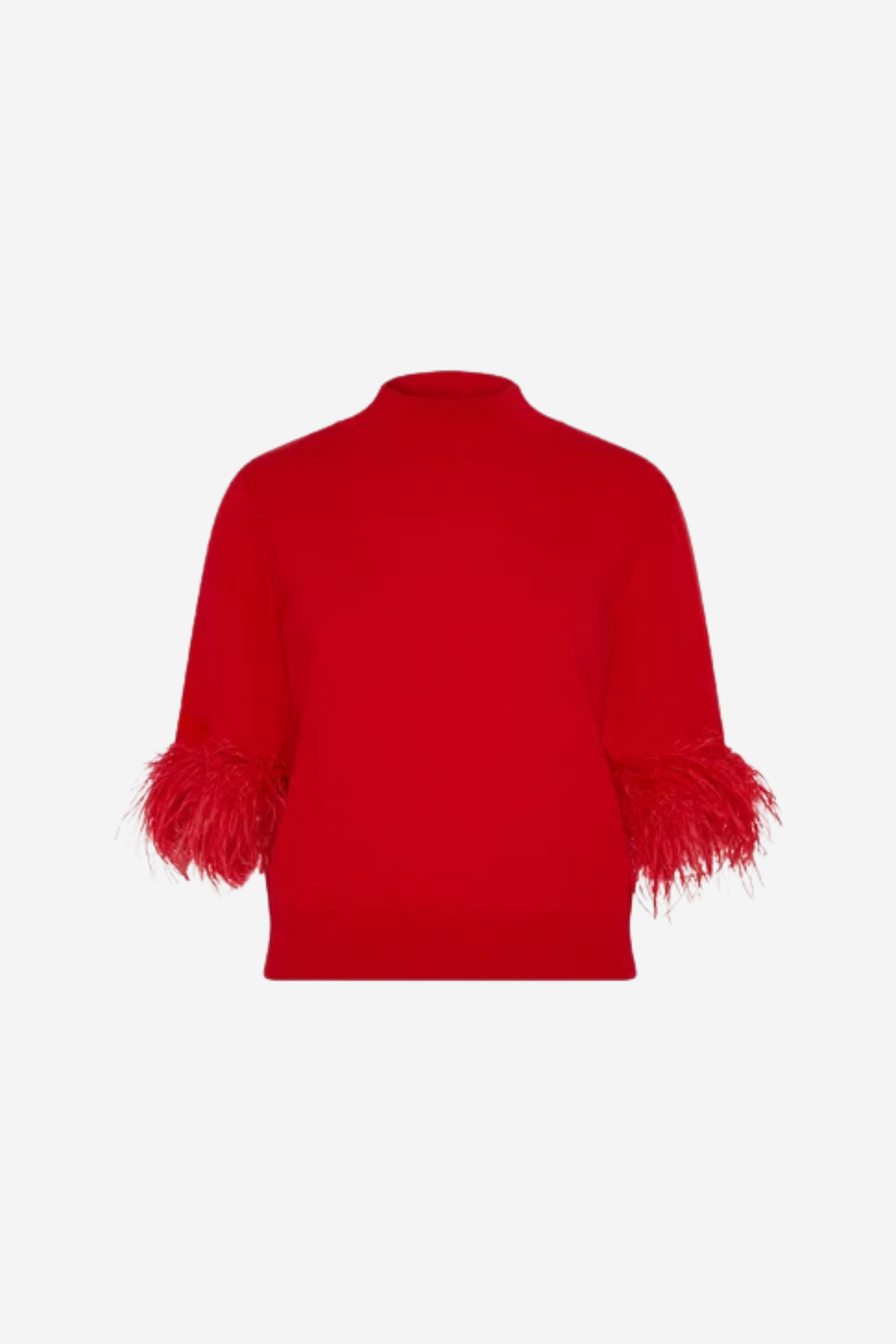 A bright red knit sweater shown from the back, featuring feathered trim at the cuffs, set against a solid light gray background.