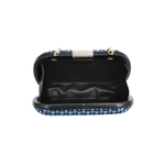 open clutch bag with blue patterned strap on a white background