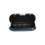 open clutch bag with blue patterned strap on a white background