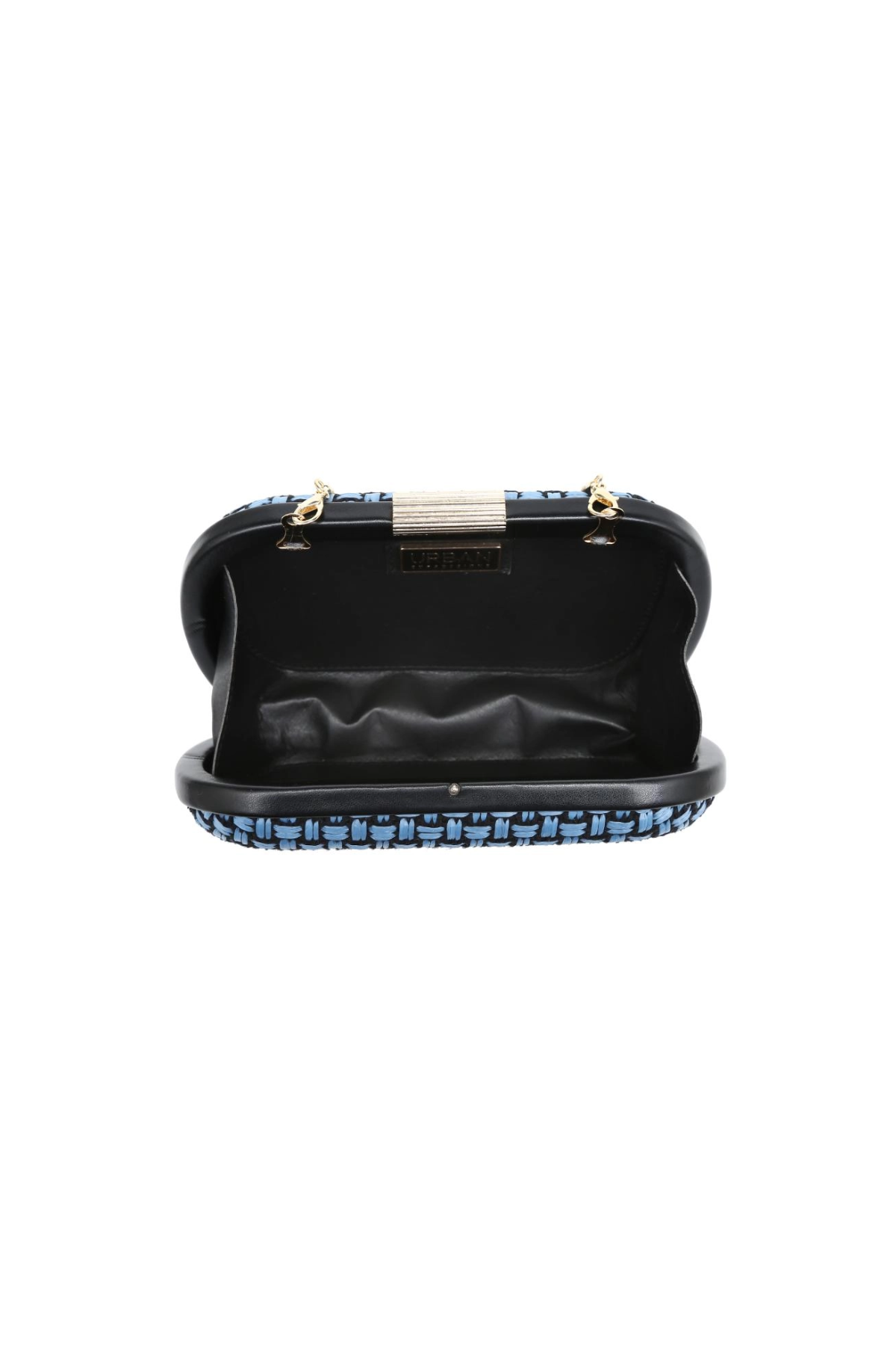 open clutch bag with blue patterned strap on a white background