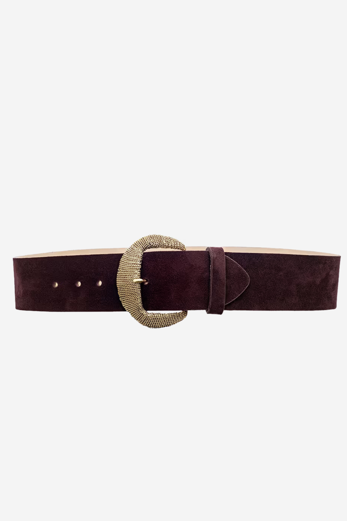 A dark plum purple suede belt with a textured gold-tone oval buckle, displayed horizontally on a light gray background.