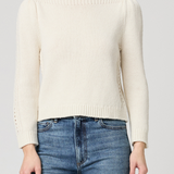 Women's ivory sweater featuring long sleeves, a classic neckline, and relaxed silhouette.