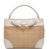 Handbag with woven design and white accents on a white background