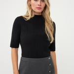 Women's dark short-sleeve knit sweater featuring a classic neckline and relaxed silhouette.