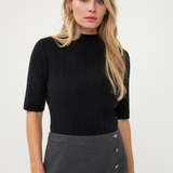 Women's dark short-sleeve knit sweater featuring a classic neckline and relaxed silhouette.