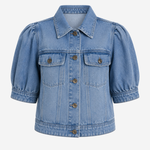 Women's light wash denim jacket featuring puff sleeves, button-front styling, and a cropped silhouette.