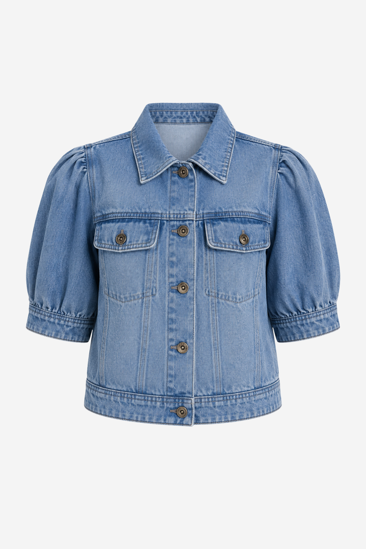 Women's light wash denim jacket featuring puff sleeves, button-front styling, and a cropped silhouette.