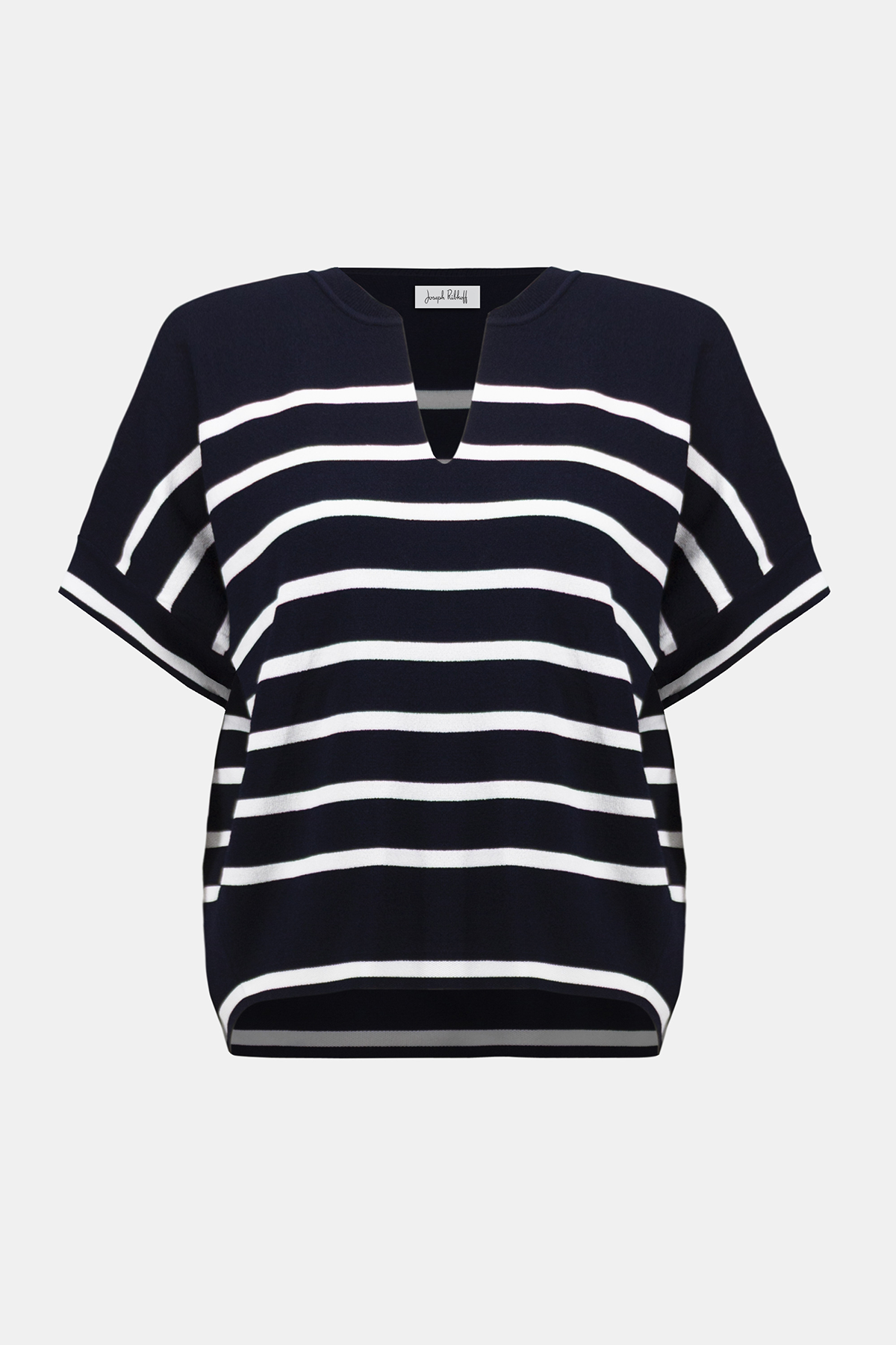 Black and white striped top on a light gray background