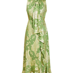 A sleeveless green midi dress with a gold paisley pattern, featuring a tie-neck collar, ruffled waist details, and an asymmetrical ruffled hem, shown against a plain white background.