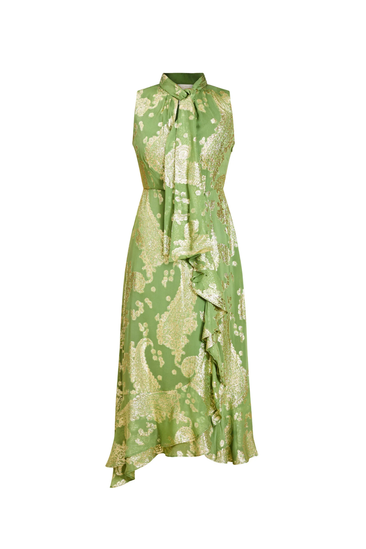 A sleeveless green midi dress with a gold paisley pattern, featuring a tie-neck collar, ruffled waist details, and an asymmetrical ruffled hem, shown against a plain white background.