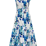 Sleeveless dress with blue floral pattern on a white background