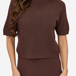 A woman wearing a brown short-sleeve knit sweater with a textured chevron pattern, paired with a matching brown skirt, against a plain light background.