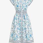 A white short-sleeve button-front dress with a blue and teal floral print, featuring a smocked waist and a decorative border along the hem.