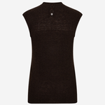 A sleeveless mock neck knit top in a very dark brown or near-black color, shown from the back against a plain light gray background.
