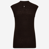 A sleeveless mock neck knit top in a very dark brown or near-black color, shown from the back against a plain light gray background.