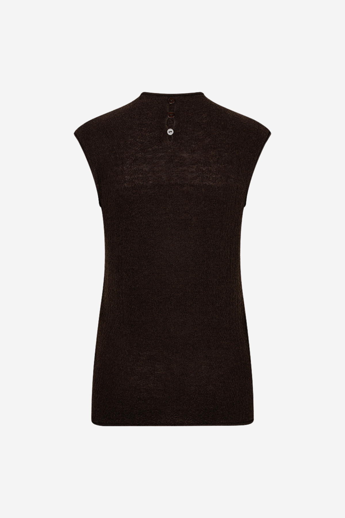 A sleeveless mock neck knit top in a very dark brown or near-black color, shown from the back against a plain light gray background.