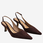 A pair of dark brown suede slingback pumps with pointed toes and low kitten heels, displayed on a light gray background.