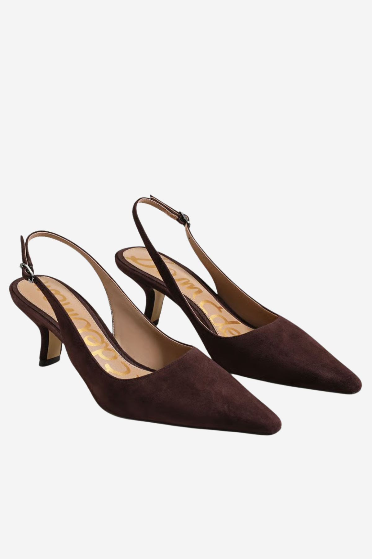 A pair of dark brown suede slingback pumps with pointed toes and low kitten heels, displayed on a light gray background.