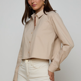 woman in brown stripe button down on white background 