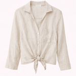 Beige linen shirt with a tie detail on a white background