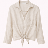 Beige linen shirt with a tie detail on a white background