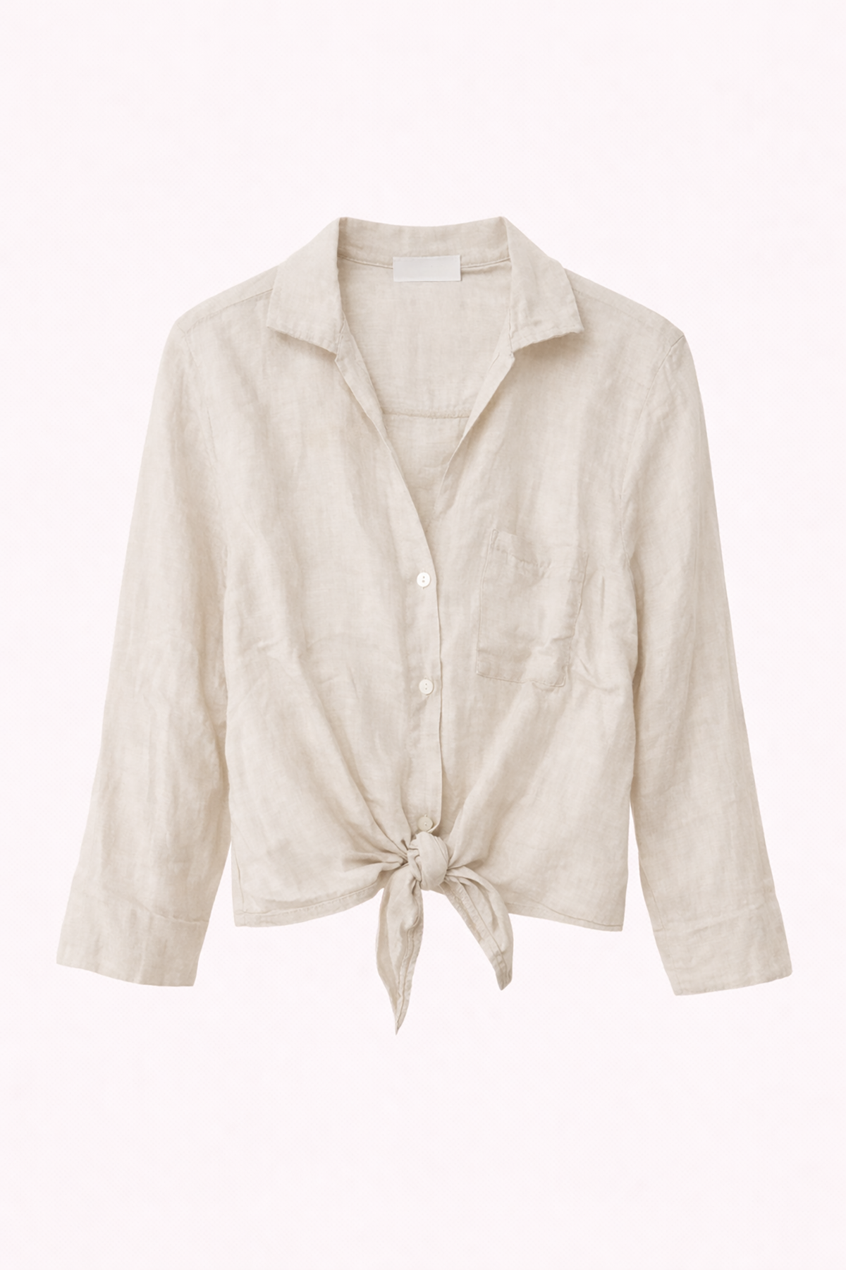 Beige linen shirt with a tie detail on a white background