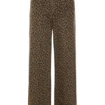 A pair of wide-leg trousers featuring a brown and black leopard print pattern, shown against a plain white background.