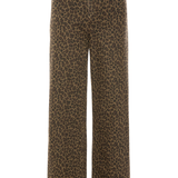 A pair of wide-leg trousers featuring a brown and black leopard print pattern, shown against a plain white background.