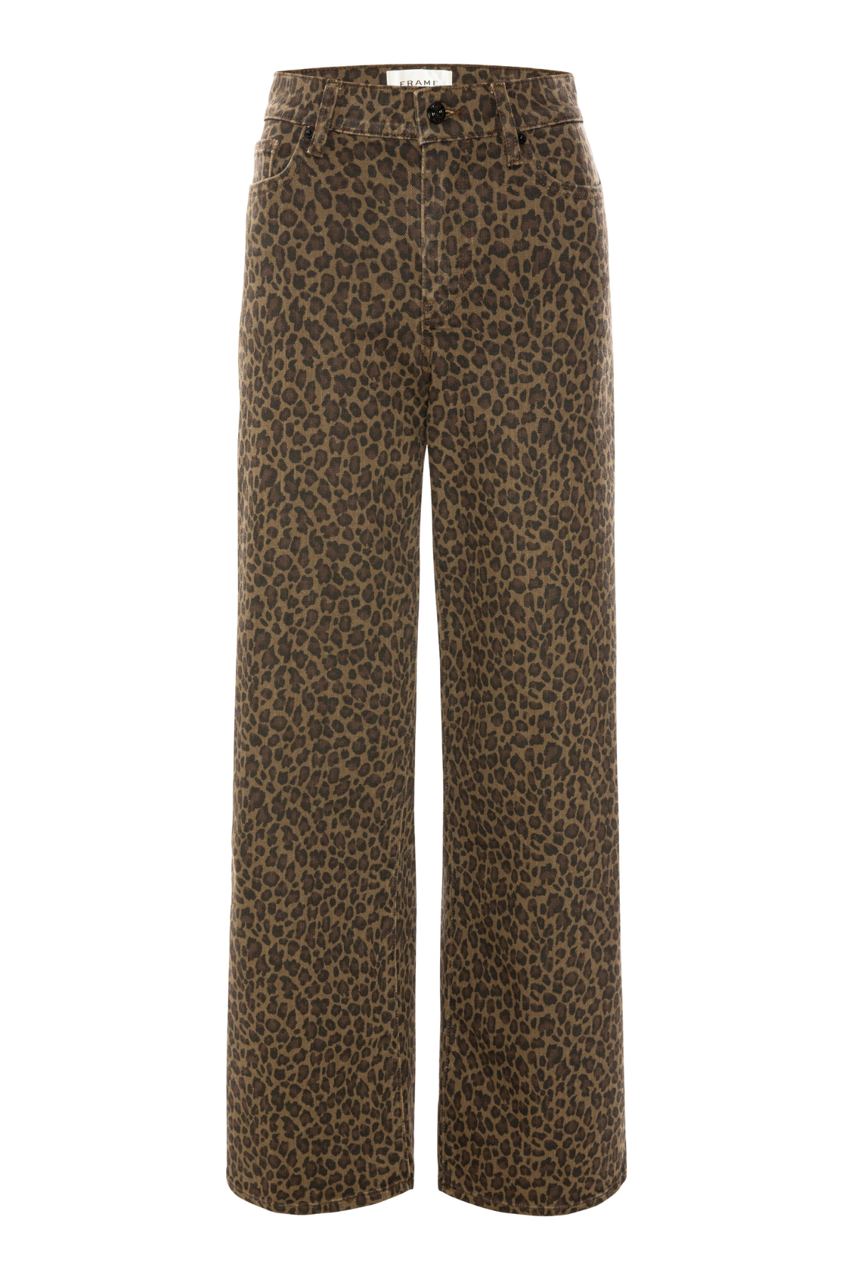 A pair of wide-leg trousers featuring a brown and black leopard print pattern, shown against a plain white background.