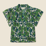 green floral blouse on tan background 